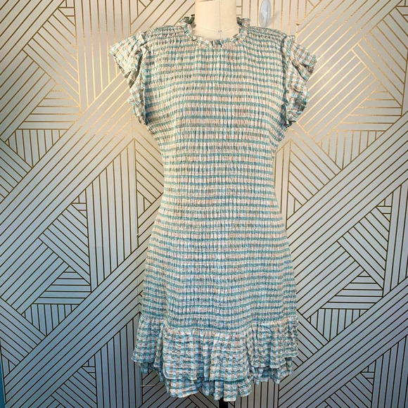 Veronica Beard Cici White Seersucker Smocked Mini Dress Ruffle Hem Size 12 NWT - Picture 2 of 12